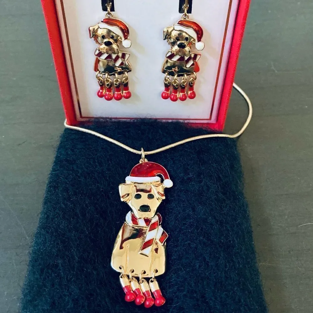 Christmas Dog Gold Holiday Necklace Earrings Set